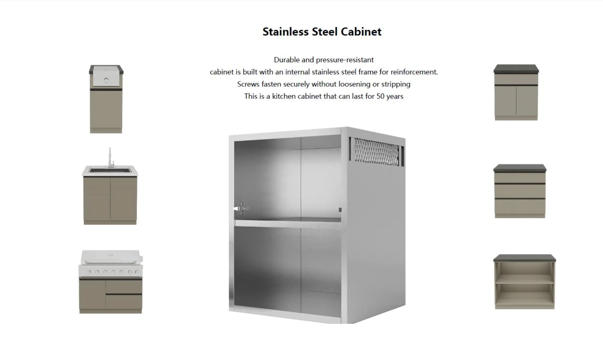 Modules de cuisine extérieure BarbecueZone — tous les caissons sont intégralement en inox SUS 304 avec armature renforcée